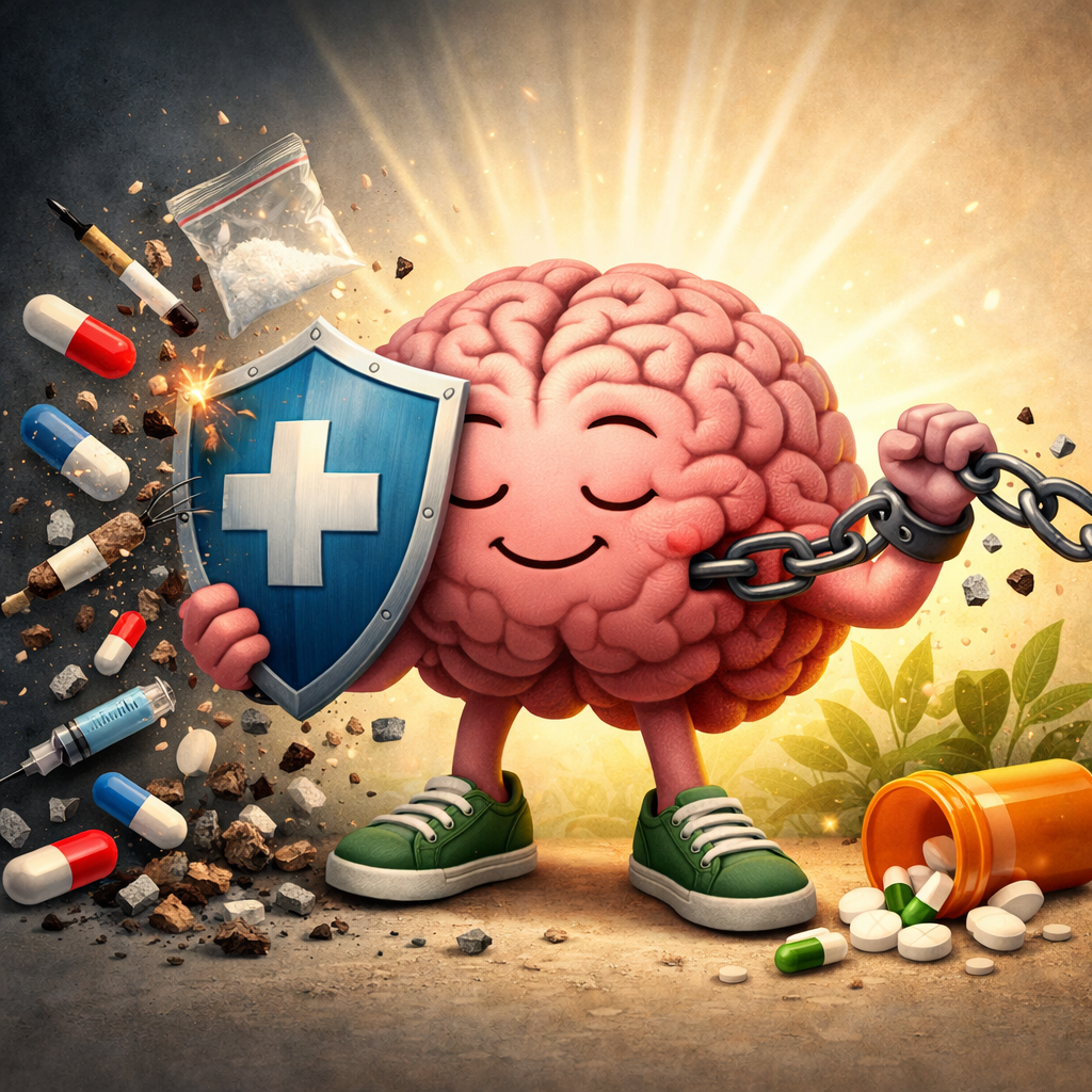 A brain person taking drugs, symbolizing drug addiction being cured or prevented